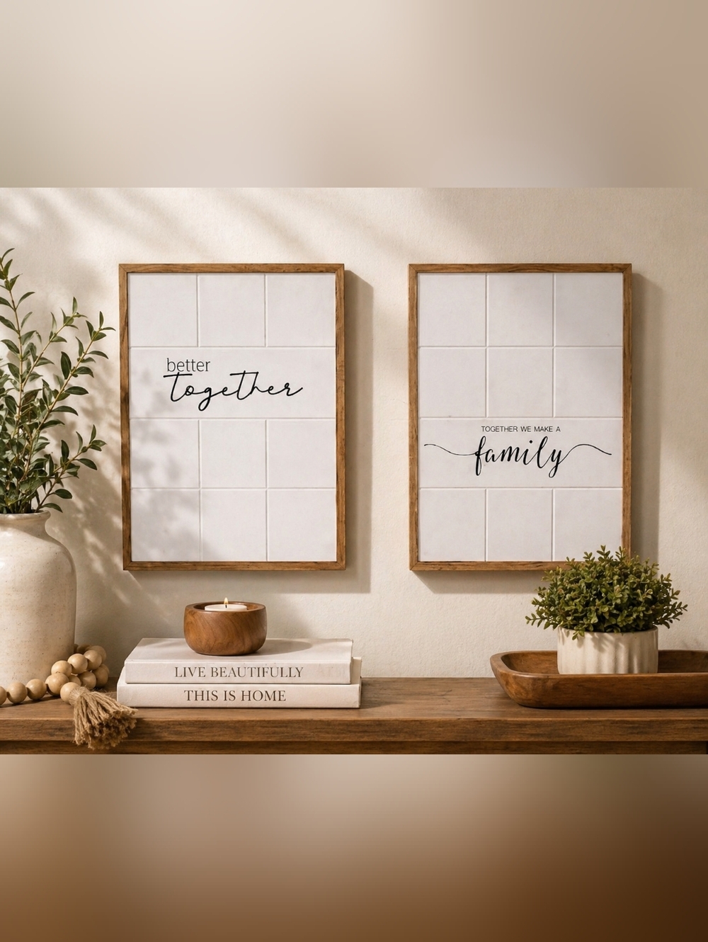 Wood Frame "Better Together" and "Family" Wall Art Set - White and Brown